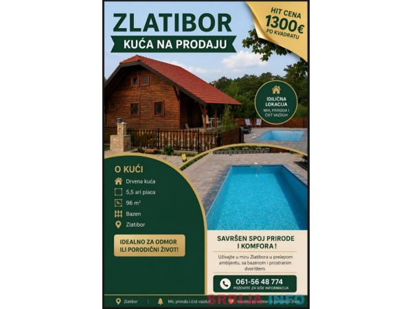 Zlatibor, drvena kuca sa bazenom na prodaju 96 m2 na placu od 5,5 ari