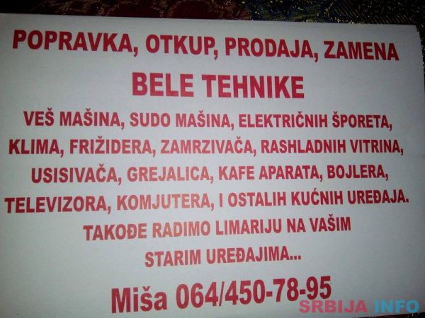 Polovna bela tehnika-popravka, prodaja, 