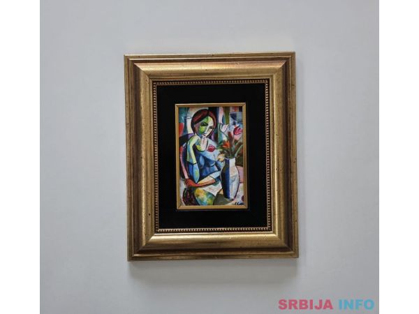 Slika - Dama i cvece - akril na platnu. Minijatura
