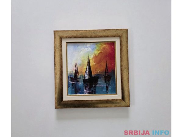 Ulje na platnu - Crveno nebo, mirna luka