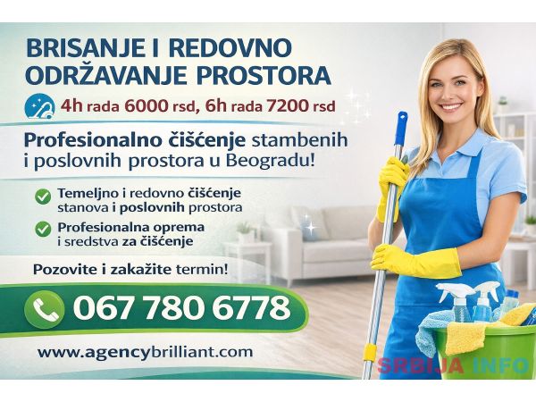 Brisanje i redovno održavanje prostora za 4h rada 6000 rsd, za 6h rada 720