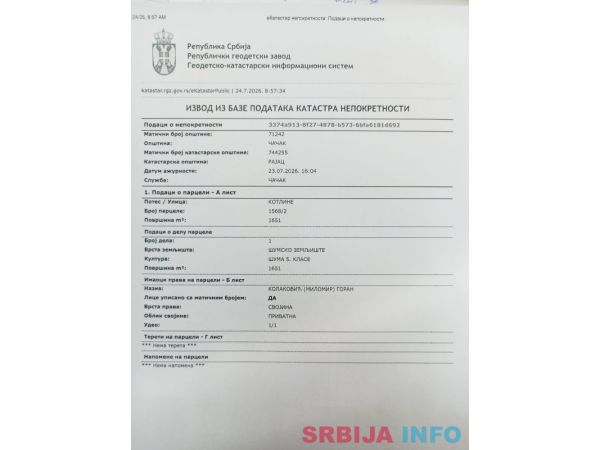 Prodajem plac od 16.51 ari Rajac-Cacak