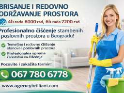 Brisanje i redovno održavanje prostora za 4h rada 6000 rsd, za 6h rada 720